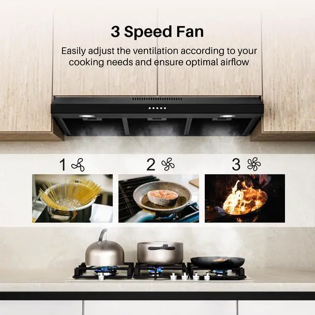 Alt view image 7 of 7 - Black Under Cabinet Range Hood 36 Inch, Ducted/Ductless Convertible Kitchen Hood with 3 Speed Exhaust Fan, 300 CFM, LED Lights, Brushlesss DC Motor Vent Hood for Kitchen