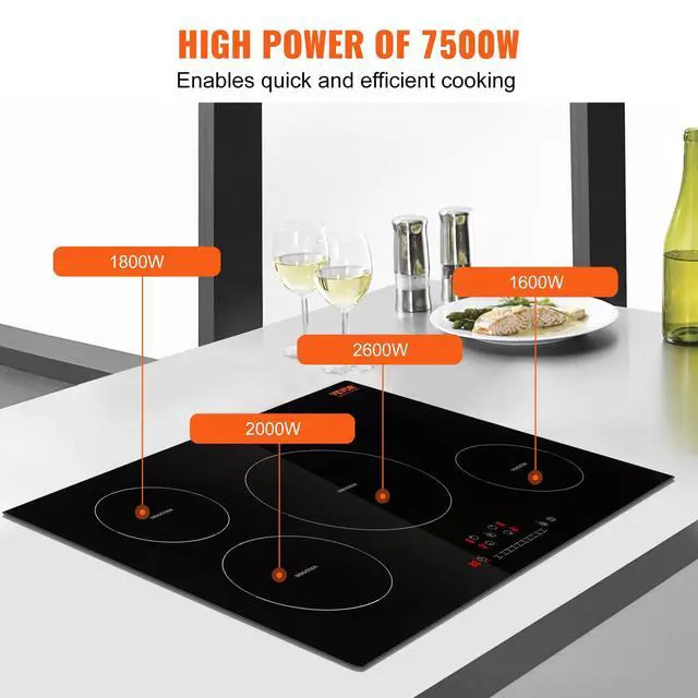 Alt view image 3 of 7 - Electric Cooktop, 4 Burners, 30'' Induction Stove Top, Built-in Magnetic Cooktop 7500W, 9 Heating Level Multifunctional Burner, LED Touch Screen w/Child Lock & Over-Temperature Protection