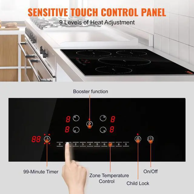 Alt view image 4 of 7 - Electric Cooktop, 4 Burners, 30'' Induction Stove Top, Built-in Magnetic Cooktop 7500W, 9 Heating Level Multifunctional Burner, LED Touch Screen w/Child Lock & Over-Temperature Protection