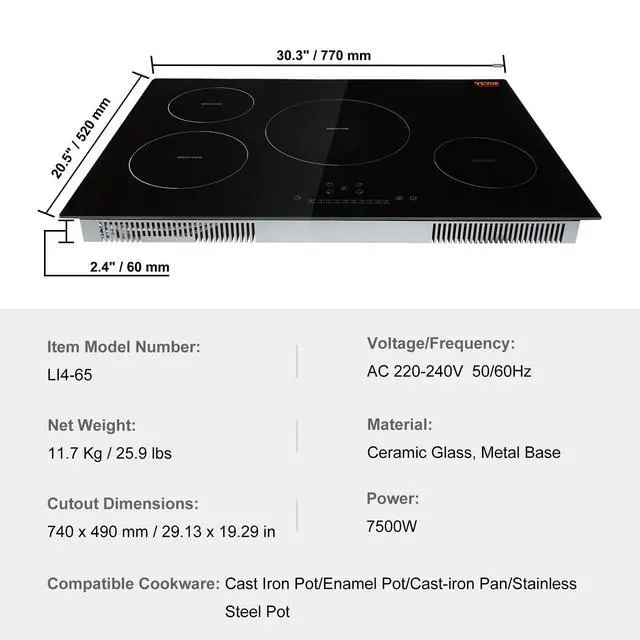 Alt view image 7 of 7 - Electric Cooktop, 4 Burners, 30'' Induction Stove Top, Built-in Magnetic Cooktop 7500W, 9 Heating Level Multifunctional Burner, LED Touch Screen w/Child Lock & Over-Temperature Protection