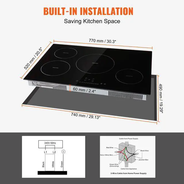 Alt view image 6 of 7 - Electric Cooktop, 4 Burners, 30'' Induction Stove Top, Built-in Magnetic Cooktop 7500W, 9 Heating Level Multifunctional Burner, LED Touch Screen w/Child Lock & Over-Temperature Protection