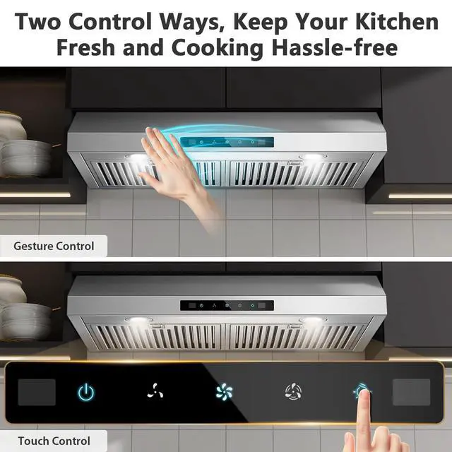 Alt view image 2 of 7 - Range Hood 30 inch Under Cabinet, 800CFM Stainless Steel Range Hood | Gesture and Touch Control, kitchen hood with Carbon Filter, 3 Fan Speed, Ducted/Ductless Convertible