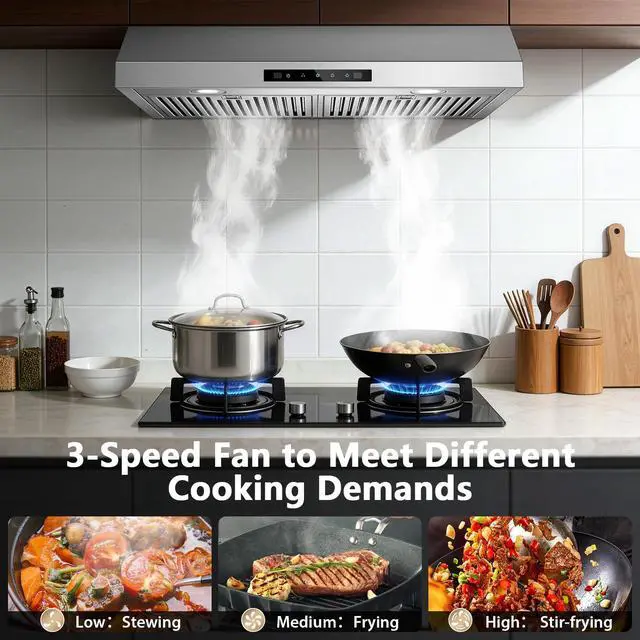 Alt view image 3 of 7 - Range Hood 30 inch Under Cabinet, 800CFM Stainless Steel Range Hood | Gesture and Touch Control, kitchen hood with Carbon Filter, 3 Fan Speed, Ducted/Ductless Convertible