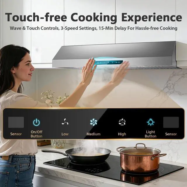 Alt view image 4 of 7 - Range Hood 30 inch Under Cabinet, 800CFM Stainless Steel Range Hood | Gesture and Touch Control, kitchen hood with Carbon Filter, 3 Fan Speed, Ducted/Ductless Convertible