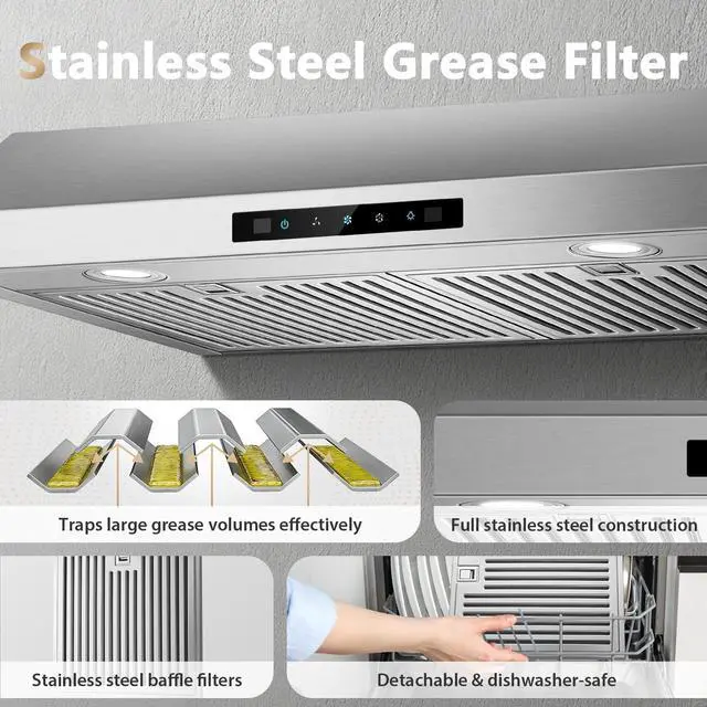 Alt view image 5 of 7 - Range Hood 30 inch Under Cabinet, 800CFM Stainless Steel Range Hood | Gesture and Touch Control, kitchen hood with Carbon Filter, 3 Fan Speed, Ducted/Ductless Convertible
