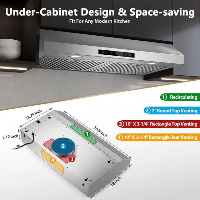 Alt view image 6 of 7 - Range Hood 30 inch Under Cabinet, 800CFM Stainless Steel Range Hood | Gesture and Touch Control, kitchen hood with Carbon Filter, 3 Fan Speed, Ducted/Ductless Convertible