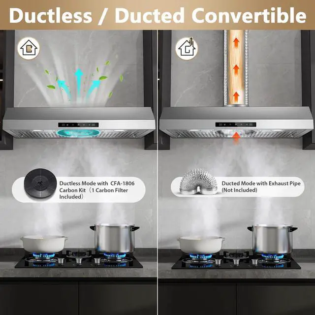 Alt view image 7 of 7 - Range Hood 30 inch Under Cabinet, 800CFM Stainless Steel Range Hood | Gesture and Touch Control, kitchen hood with Carbon Filter, 3 Fan Speed, Ducted/Ductless Convertible