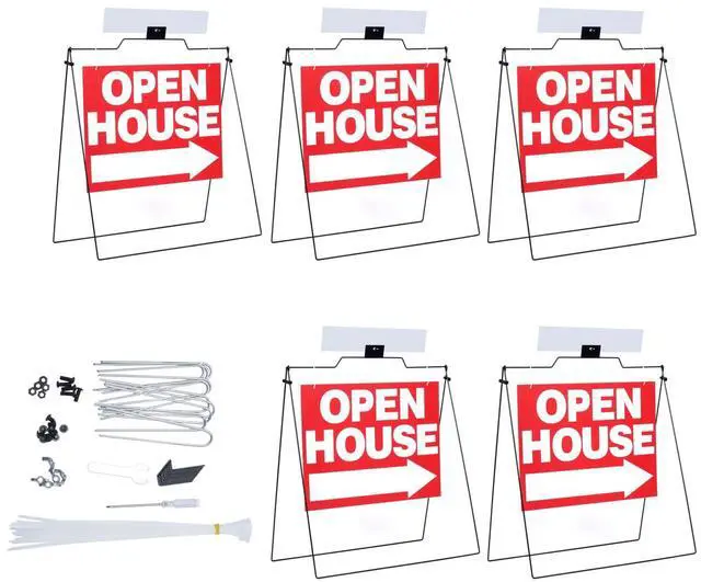 Main image of 5 Pack 32" x 28" Open House Sign A Frame Stand, Red | 5 Pack 24" x 18" Large Double Sided Open House Signs,Foldable, Real Estate,Sign set for Garden Yard Real Estate