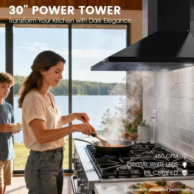 Alt view image 2 of 7 - Black Range Hood 30 inch, 450CFM Wall Mount Kitchen Hood | Crystal White 12000K Dual LEDs, Steel Baffle Filters, Ducted/Ductless Convertible(Charcoal Included)
