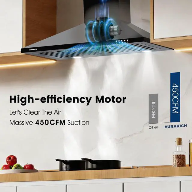 Alt view image 3 of 7 - Black Range Hood 30 inch, 450CFM Wall Mount Kitchen Hood | Crystal White 12000K Dual LEDs, Steel Baffle Filters, Ducted/Ductless Convertible(Charcoal Included)