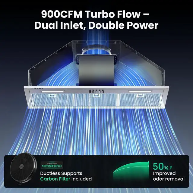 Alt view image 2 of 7 - Range Hood Insert 30 Inch 900 CFM, 5-Layer Aluminum Mesh Filter, Ducted/Ductless Stainless Steel Built Kitchen Vent, 3-Speed Push Button Controls&LED Lights