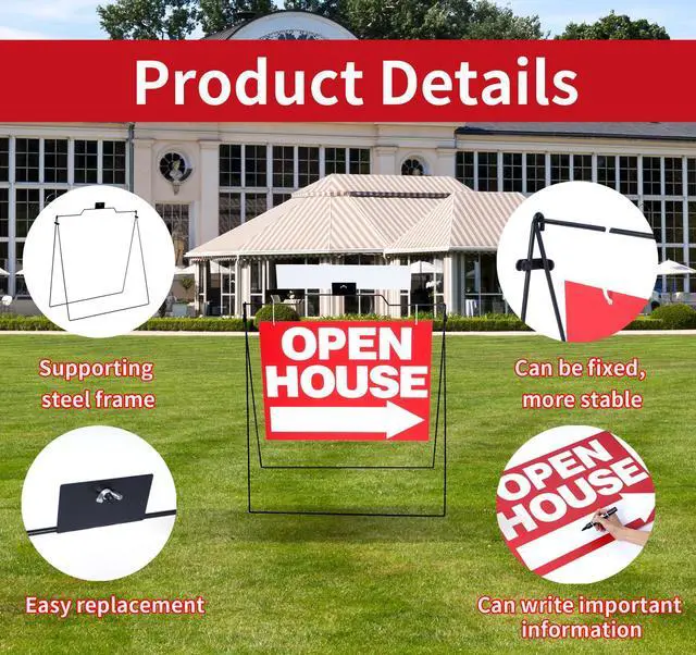 Alt view image 3 of 7 - 5 Pack 32" x 28" Open House Sign A Frame Stand, Red | 5 Pack 24" x 18" Large Double Sided Open House Signs,Foldable, Real Estate,Sign set for Garden Yard Real Estate