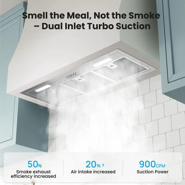 Alt view image 3 of 7 - Range Hood Insert 30 Inch 900 CFM, 5-Layer Aluminum Mesh Filter, Ducted/Ductless Stainless Steel Built Kitchen Vent, 3-Speed Push Button Controls&LED Lights