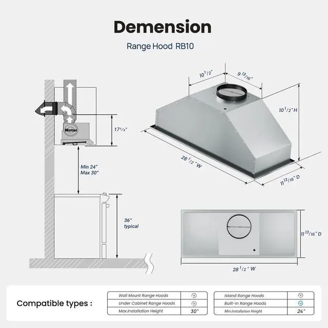 Alt view image 7 of 7 - Range Hood Insert 30 Inch 900 CFM, 5-Layer Aluminum Mesh Filter, Ducted/Ductless Stainless Steel Built Kitchen Vent, 3-Speed Push Button Controls&LED Lights