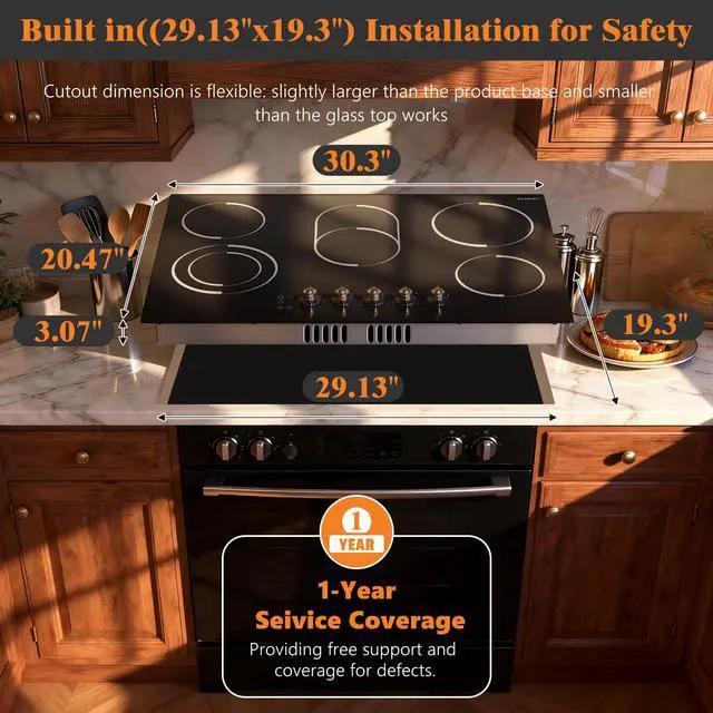 Alt view image 2 of 7 - Electric Cooktop 30 Inch(Cut-out Size: 29.13"x19.3") - 8400W High Power 5 Burners Electric Stove, Built-in 30 Inch Burner Knob Control, Timer, Safety Lock, 240V Hard Wired (No Plug)