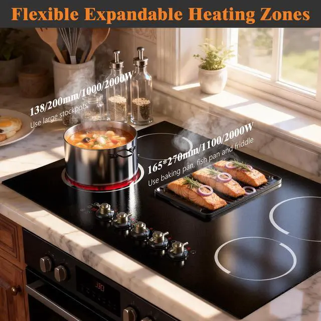 Alt view image 5 of 7 - Electric Cooktop 30 Inch(Cut-out Size: 29.13"x19.3") - 8400W High Power 5 Burners Electric Stove, Built-in 30 Inch Burner Knob Control, Timer, Safety Lock, 240V Hard Wired (No Plug)