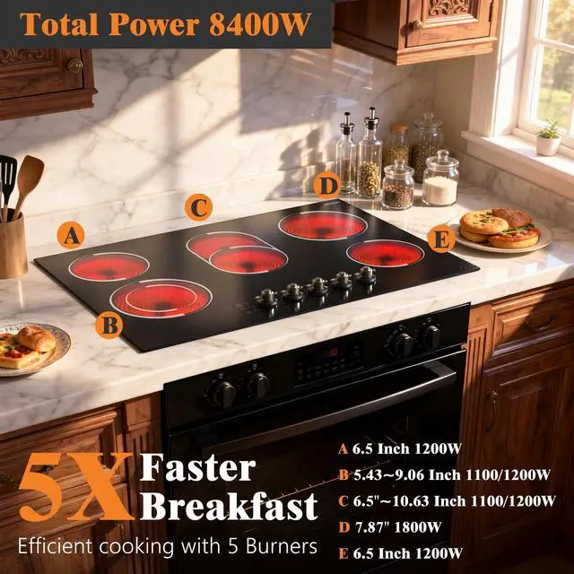 Alt view image 3 of 7 - Electric Cooktop 30 Inch(Cut-out Size: 29.13"x19.3") - 8400W High Power 5 Burners Electric Stove, Built-in 30 Inch Burner Knob Control, Timer, Safety Lock, 240V Hard Wired (No Plug)