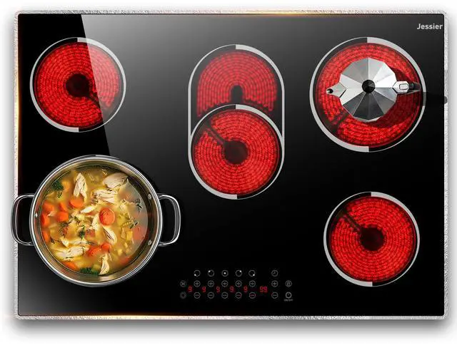 Main image of Electric Cooktop 30 Inch(Cut-out Size: 29.13"x19.3") - 30" Built-in Electric Stove 8400W, 5 Burner Ceramic Stove with Metal Frame, Timer, Safety Lock, Dual Ring, 220V Hard Wired (No Plug)