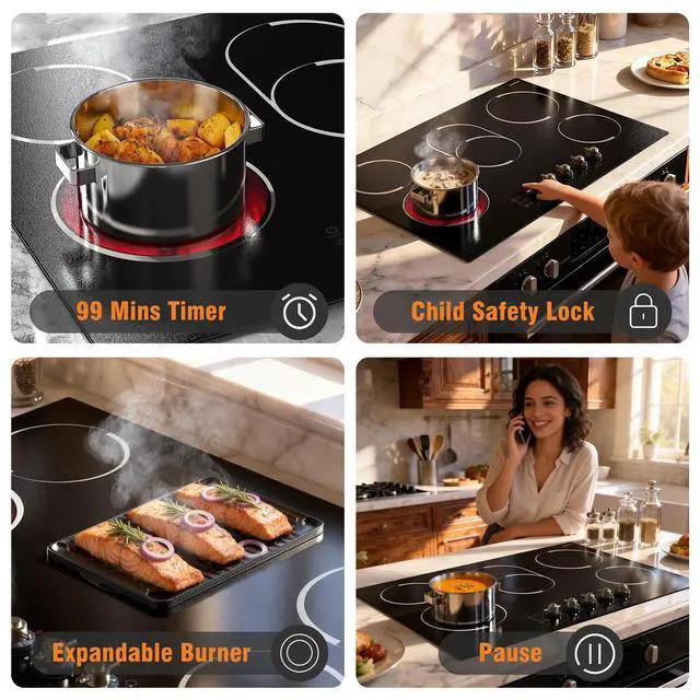 Alt view image 6 of 7 - Electric Cooktop 30 Inch(Cut-out Size: 29.13"x19.3") - 8400W High Power 5 Burners Electric Stove, Built-in 30 Inch Burner Knob Control, Timer, Safety Lock, 240V Hard Wired (No Plug)
