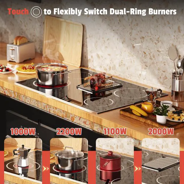 Alt view image 2 of 7 - Electric Cooktop 30 Inch(Cut-out Size: 29.13"x19.3") - 30" Built-in Electric Stove 8400W, 5 Burner Ceramic Stove with Metal Frame, Timer, Safety Lock, Dual Ring, 220V Hard Wired (No Plug)