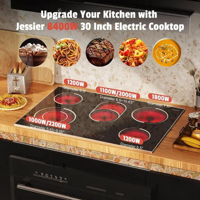 Alt view image 3 of 7 - Electric Cooktop 30 Inch(Cut-out Size: 29.13"x19.3") - 30" Built-in Electric Stove 8400W, 5 Burner Ceramic Stove with Metal Frame, Timer, Safety Lock, Dual Ring, 220V Hard Wired (No Plug)