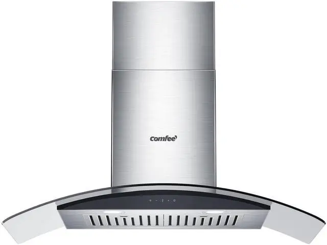 Main image of 36 Inch Wall Mount Range Hood, 450 CFM Ductless/Ducted Convertible | 3-Speed Gesture Sensing Touch Control Stainless Steel Vent Hood Curved Glass Permanent Baffle Filters 2 LED Lights