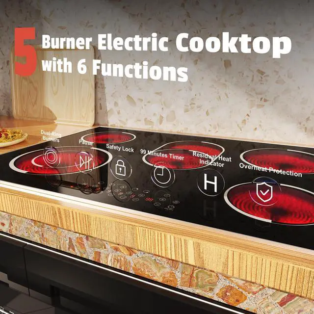 Alt view image 5 of 7 - Electric Cooktop 30 Inch(Cut-out Size: 29.13"x19.3") - 30" Built-in Electric Stove 8400W, 5 Burner Ceramic Stove with Metal Frame, Timer, Safety Lock, Dual Ring, 220V Hard Wired (No Plug)