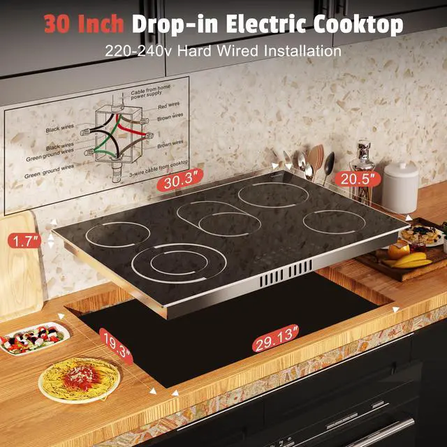 Alt view image 6 of 7 - Electric Cooktop 30 Inch(Cut-out Size: 29.13"x19.3") - 30" Built-in Electric Stove 8400W, 5 Burner Ceramic Stove with Metal Frame, Timer, Safety Lock, Dual Ring, 220V Hard Wired (No Plug)