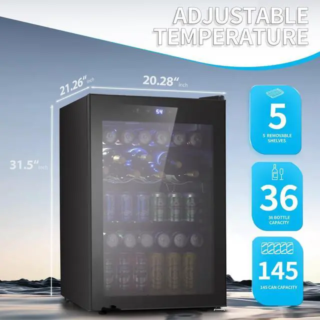 Alt view image 2 of 7 - Beverage Refigerator Cooler -145 Can Mini Fridge for Soda Beer or wine,with glass door, For Office or Bar with Adjustable Removable Shelves4.5 Cu. Ft. (Black)