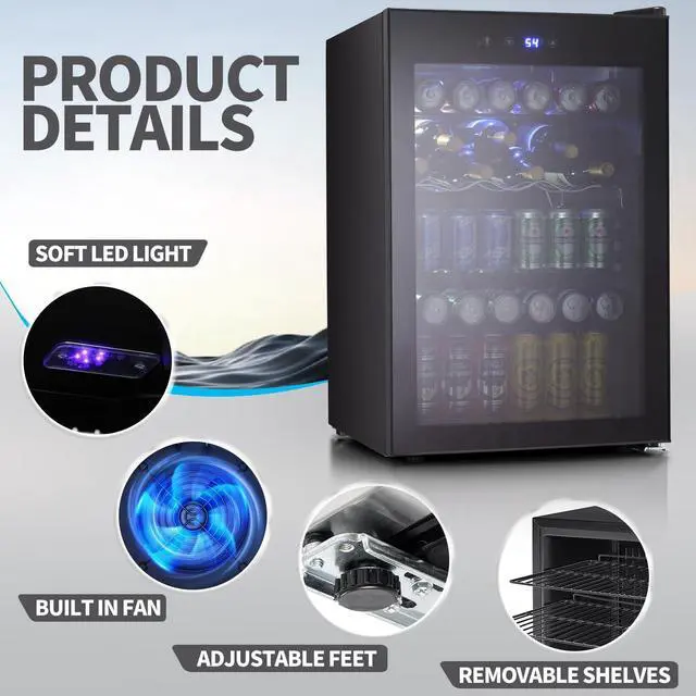 Alt view image 4 of 7 - Beverage Refigerator Cooler -145 Can Mini Fridge for Soda Beer or wine,with glass door, For Office or Bar with Adjustable Removable Shelves4.5 Cu. Ft. (Black)