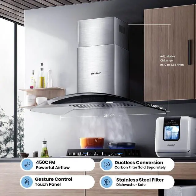 Alt view image 2 of 7 - 36 Inch Wall Mount Range Hood, 450 CFM Ductless/Ducted Convertible | 3-Speed Gesture Sensing Touch Control Stainless Steel Vent Hood Curved Glass Permanent Baffle Filters 2 LED Lights