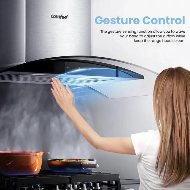 Alt view image 3 of 7 - 36 Inch Wall Mount Range Hood, 450 CFM Ductless/Ducted Convertible | 3-Speed Gesture Sensing Touch Control Stainless Steel Vent Hood Curved Glass Permanent Baffle Filters 2 LED Lights
