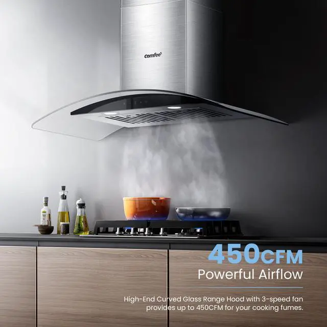 Alt view image 4 of 7 - 36 Inch Wall Mount Range Hood, 450 CFM Ductless/Ducted Convertible | 3-Speed Gesture Sensing Touch Control Stainless Steel Vent Hood Curved Glass Permanent Baffle Filters 2 LED Lights
