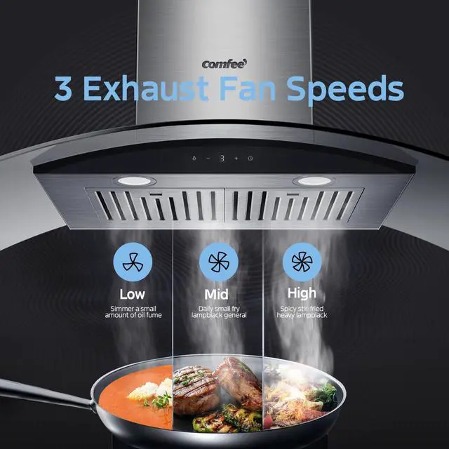 Alt view image 7 of 7 - 36 Inch Wall Mount Range Hood, 450 CFM Ductless/Ducted Convertible | 3-Speed Gesture Sensing Touch Control Stainless Steel Vent Hood Curved Glass Permanent Baffle Filters 2 LED Lights