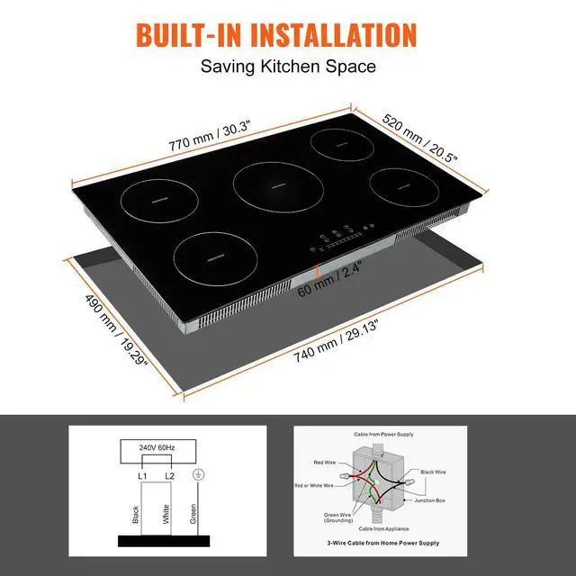 Alt view image 3 of 4 - Electric Cooktop, 5 Burners, 36'' Induction Stove Top, Built-in Magnetic Cooktop 9200W, 9 Heating Level Multifunctional Burner, LED Touch Screen w/Child Lock & Over-Temperature Protection