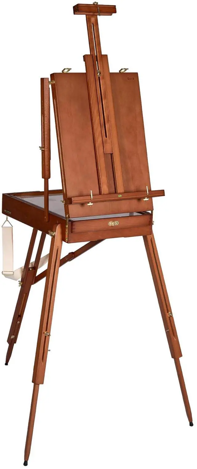 Main image of French Easel with Shoulder Strap, Adjustable Beech Wood Art Easel with Drawer, Palette, Level Instrument & Scale Leg, Studio Tabletop Floor Easel for Artists, Hold Canvas up to 34", Walnut