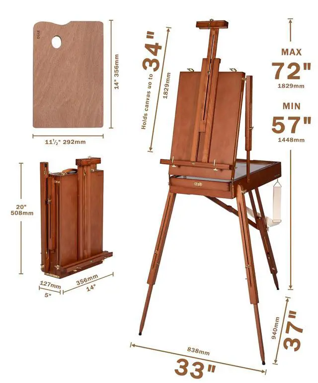 Alt view image 2 of 5 - French Easel with Shoulder Strap, Adjustable Beech Wood Art Easel with Drawer, Palette, Level Instrument & Scale Leg, Studio Tabletop Floor Easel for Artists, Hold Canvas up to 34", Walnut