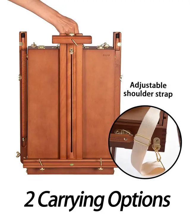 Alt view image 3 of 5 - French Easel with Shoulder Strap, Adjustable Beech Wood Art Easel with Drawer, Palette, Level Instrument & Scale Leg, Studio Tabletop Floor Easel for Artists, Hold Canvas up to 34", Walnut