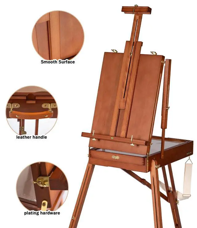 Alt view image 4 of 5 - French Easel with Shoulder Strap, Adjustable Beech Wood Art Easel with Drawer, Palette, Level Instrument & Scale Leg, Studio Tabletop Floor Easel for Artists, Hold Canvas up to 34", Walnut