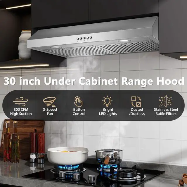 Alt view image 2 of 7 - Under Cabinet Range Hood 30 inch, Stainless Steel Kitchen Hood 800CFM, Stove Hood with Push Button Control, Baffle Filters, Ducted/Ductless Convertible Duct