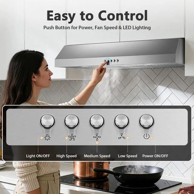 Alt view image 3 of 7 - Under Cabinet Range Hood 30 inch, Stainless Steel Kitchen Hood 800CFM, Stove Hood with Push Button Control, Baffle Filters, Ducted/Ductless Convertible Duct