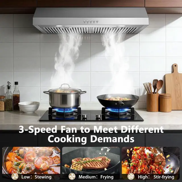 Alt view image 4 of 7 - Under Cabinet Range Hood 30 inch, Stainless Steel Kitchen Hood 800CFM, Stove Hood with Push Button Control, Baffle Filters, Ducted/Ductless Convertible Duct