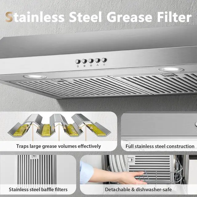 Alt view image 5 of 7 - Under Cabinet Range Hood 30 inch, Stainless Steel Kitchen Hood 800CFM, Stove Hood with Push Button Control, Baffle Filters, Ducted/Ductless Convertible Duct