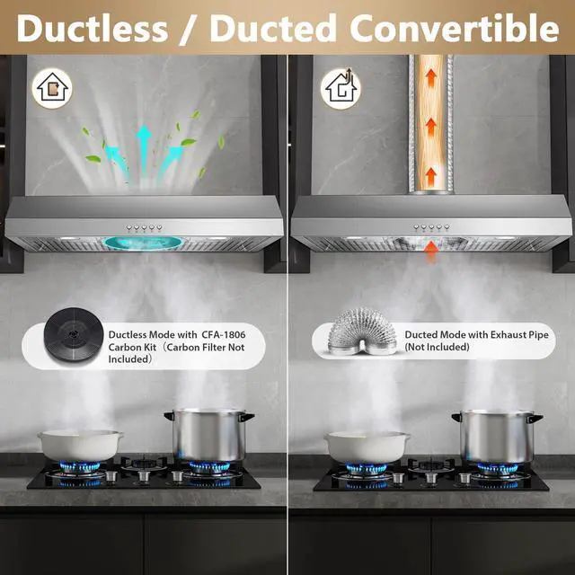 Alt view image 6 of 7 - Under Cabinet Range Hood 30 inch, Stainless Steel Kitchen Hood 800CFM, Stove Hood with Push Button Control, Baffle Filters, Ducted/Ductless Convertible Duct