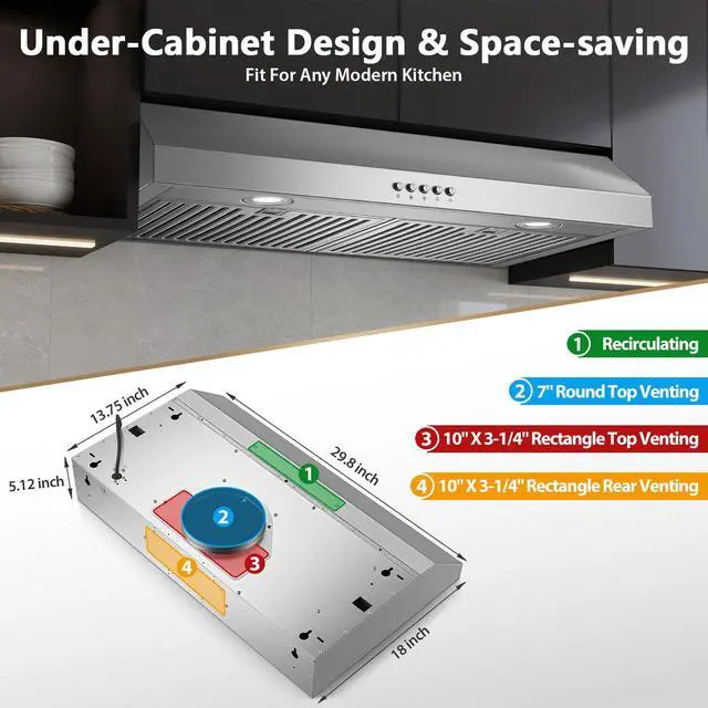 Alt view image 7 of 7 - Under Cabinet Range Hood 30 inch, Stainless Steel Kitchen Hood 800CFM, Stove Hood with Push Button Control, Baffle Filters, Ducted/Ductless Convertible Duct