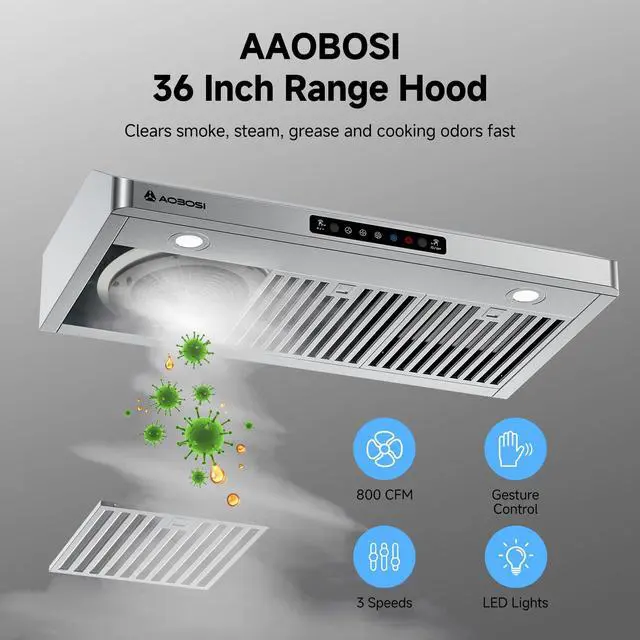 Alt view image 2 of 7 - 36 Inch Under Cabinet Range Hood, 800 CFM Stainless Steel Kitchen Vent Hood with Gesture Sensing, Touch Control, 3-Speed Exhaust Fan, LED Lights, Ducted Range Hood