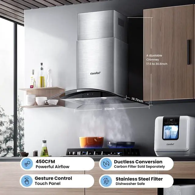 Alt view image 2 of 7 - 30 Inch Wall Mount Range Hood, 450 CFM Ductless/Ducted Convertible | 3-Speed Gesture Sensing &Touch Control Stainless Steel Kitchen Island Range Hood with Baffle Filters, 2 LED Lights