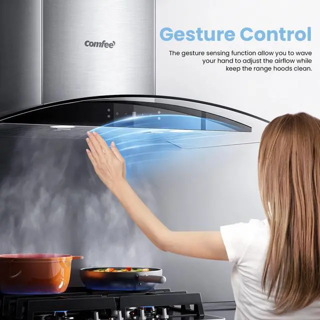Alt view image 3 of 7 - 30 Inch Wall Mount Range Hood, 450 CFM Ductless/Ducted Convertible | 3-Speed Gesture Sensing &Touch Control Stainless Steel Kitchen Island Range Hood with Baffle Filters, 2 LED Lights