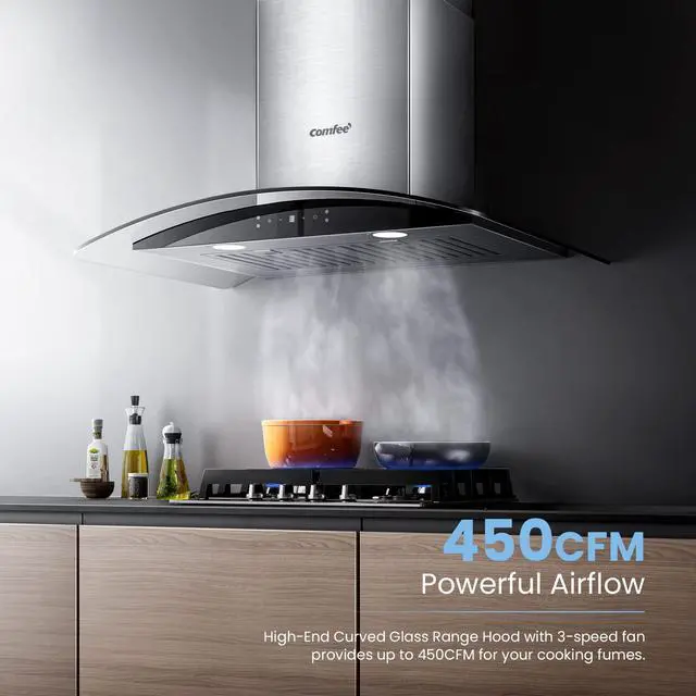 Alt view image 4 of 7 - 30 Inch Wall Mount Range Hood, 450 CFM Ductless/Ducted Convertible | 3-Speed Gesture Sensing &Touch Control Stainless Steel Kitchen Island Range Hood with Baffle Filters, 2 LED Lights