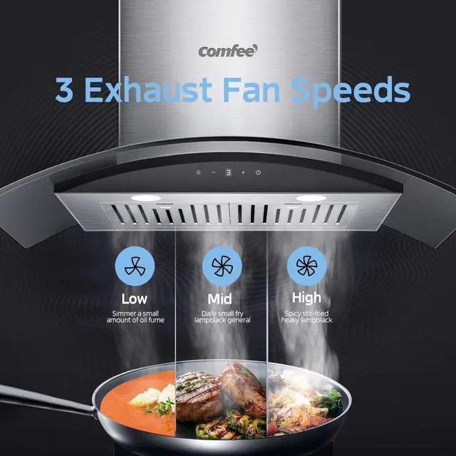 Alt view image 7 of 7 - 30 Inch Wall Mount Range Hood, 450 CFM Ductless/Ducted Convertible | 3-Speed Gesture Sensing &Touch Control Stainless Steel Kitchen Island Range Hood with Baffle Filters, 2 LED Lights